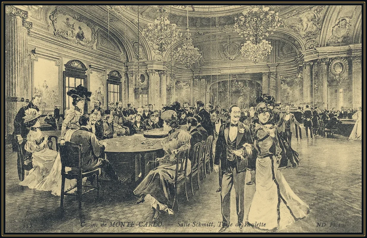 Stół ruletki w kasynie Monte Carlo na pocztówce z około 1910 roku: gracze wokół koła ruletki, gdzie liczba możliwych wyników jest znana i policzalna.