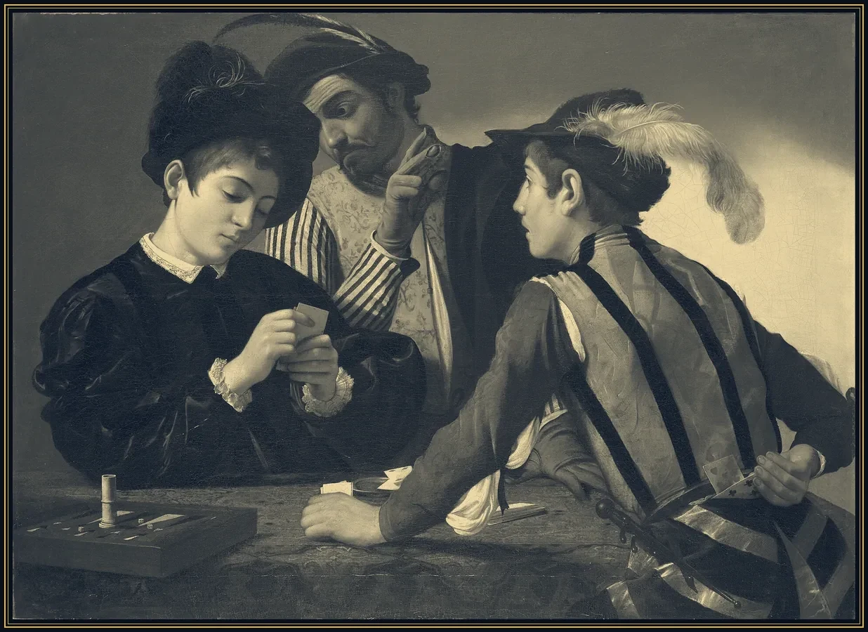 Obraz „Szulerzy” Caravaggia z około 1595 roku: naiwny młody gracz przy kartach, którego dwaj oszuści w zmowie ogrywają, nie wzbudzając jego podejrzeń.