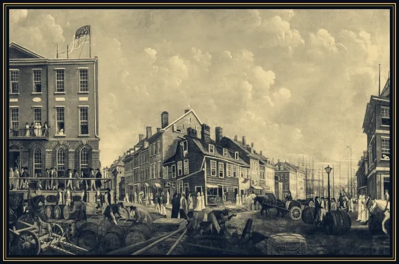 Tontine Coffee House na Wall Street około 1797 roku, pierwsza siedziba zorganizowanego handlu papierami w Nowym Jorku.