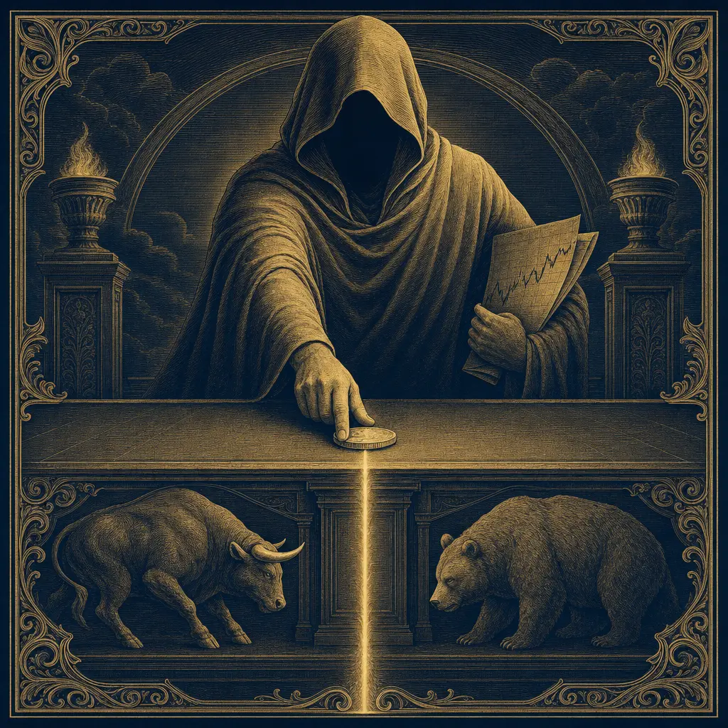 Sztych: kontuar animatora z wąską świetlistą złotą szczeliną pośrodku, dzielącą stronę kupna od strony sprzedaży; zza kontuaru zakapturzona postać podsuwa monetę, chowając za plecami złożony wykres.