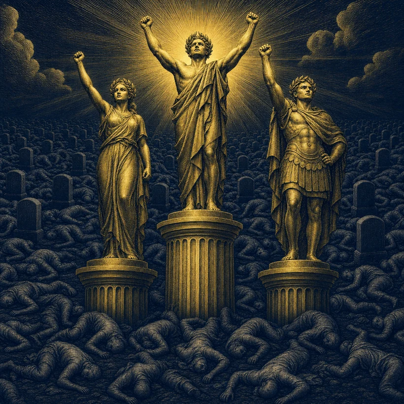 Sztych: trzej zwycięzcy stoją na wysokich cokołach skąpani w złotym świetle, z uniesionymi rękami, a za nimi w granatowym mroku rozciąga się pole wielu poległych, identycznych postaci wśród grobów.
